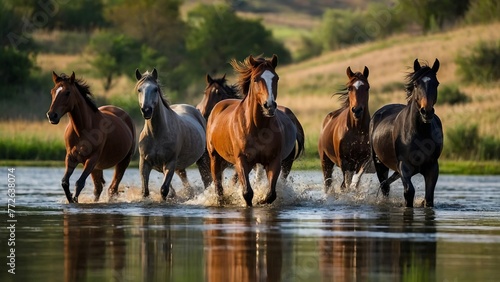Group of horses on a water 