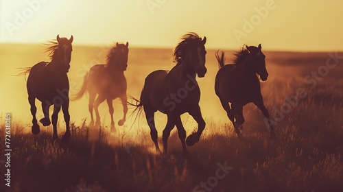 A close-up portrait silhouette of horses running on plains, the sun casting long shadows, highlighting their graceful movement, vintage filter