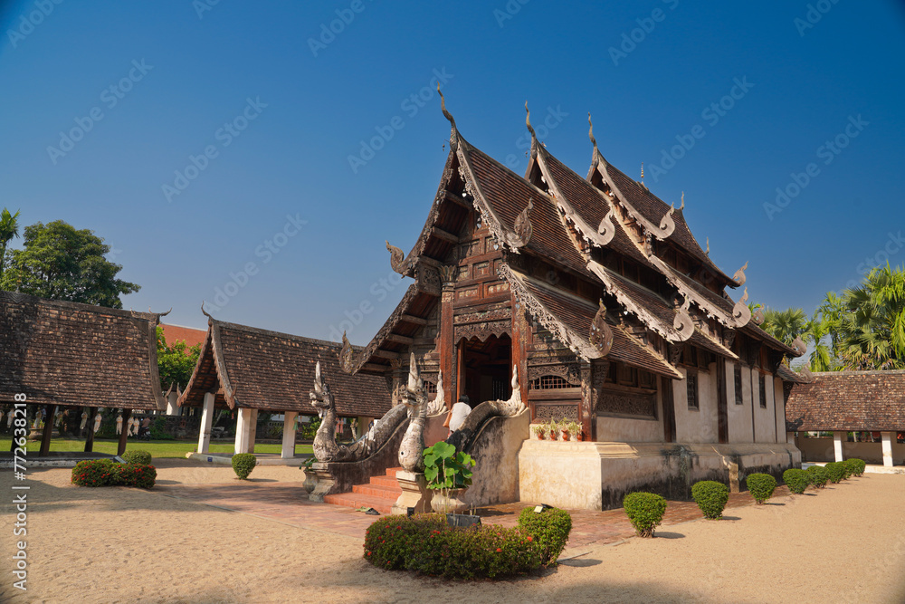 the beautiful ancient building temple and sugar palm tree with blue sky is travel landmark in Chiangmai thailand