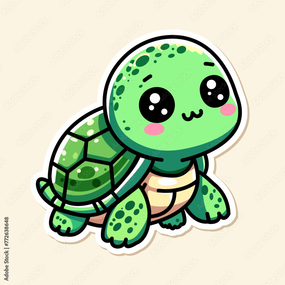 Sticker of cute turtle, tiny small wild animal, Isolated on colored background, flat vector illustration Sticker of cute turtle, tiny small wild animal, Isolated on colored background, flat vector illustration