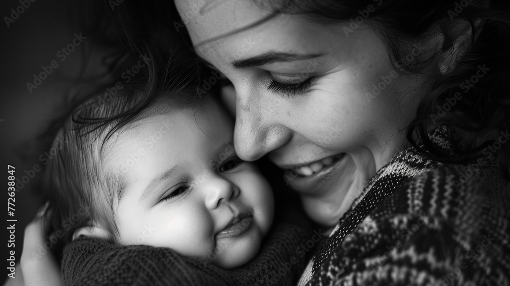 Evoking the style of documentary photography, capture the intimate closeness between a mother and her happy newborn baby in a candid close-up shot, showcasing the raw beauty of their connection