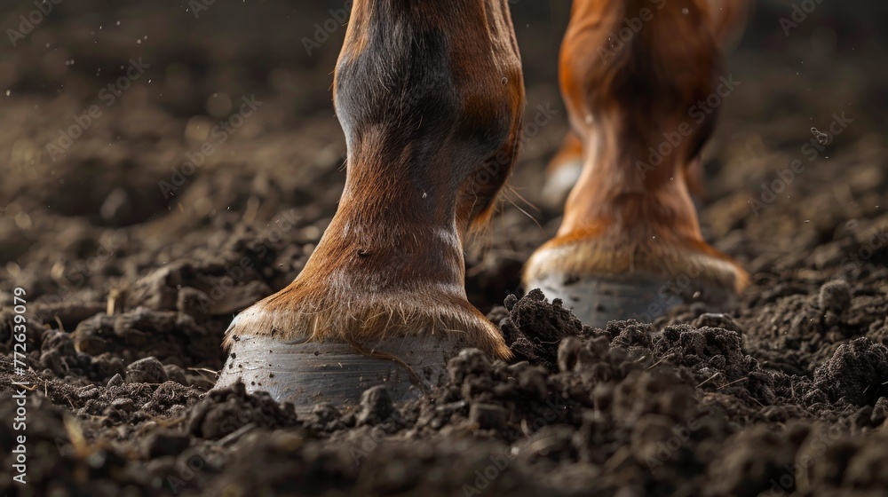 A detailed close-up of horse hooves standing firmly on the rich, plowed soil of farmland. A detailed close-up of horse hooves standing firmly on the rich, plowed soil of farmland.