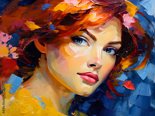 Beautiful woman in oil painting with large brush strokes with flowers. © Marco Victorino