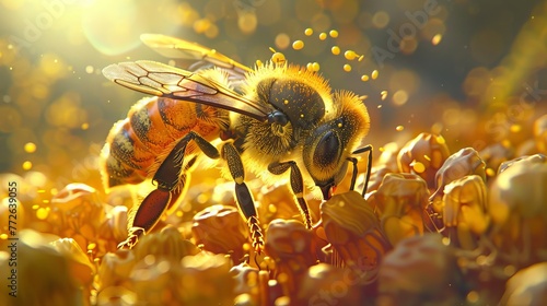 Exquisite macro shot capturing a bee adorned with pollen, showcasing nature's meticulous pollination process.