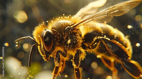 Detailed close-up of a bee with pollen grains, illustrating the intricate pollination mechanism of bees. photo