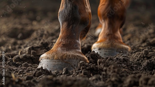 A detailed close-up of horse hooves standing firmly on the rich, plowed soil of farmland.