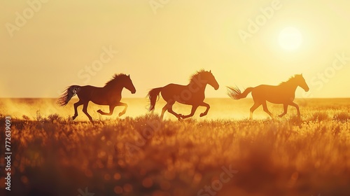 A close-up portrait silhouette of horses running on plains  the sun casting long shadows  highlighting their graceful movement  vintage filter