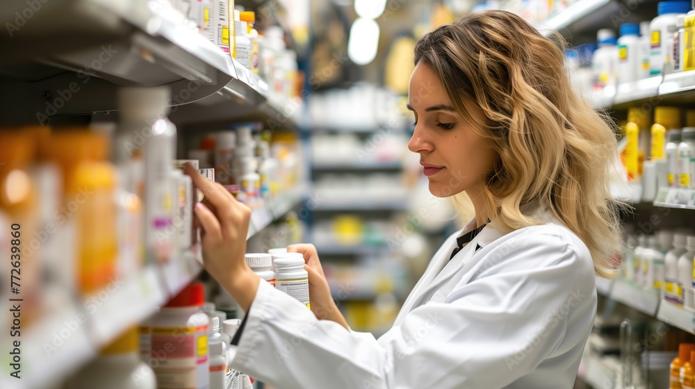 A focused female pharmacist meticulously checking labels on medicine bottles in a tidy pharmacy, real photo, stock photography A focused female pharmacist meticulously checking labels on medicine bottles in a tidy pharmacy, real photo, stock photography
