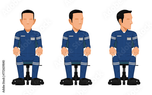 Set of industrial worker on swivel chair on white background