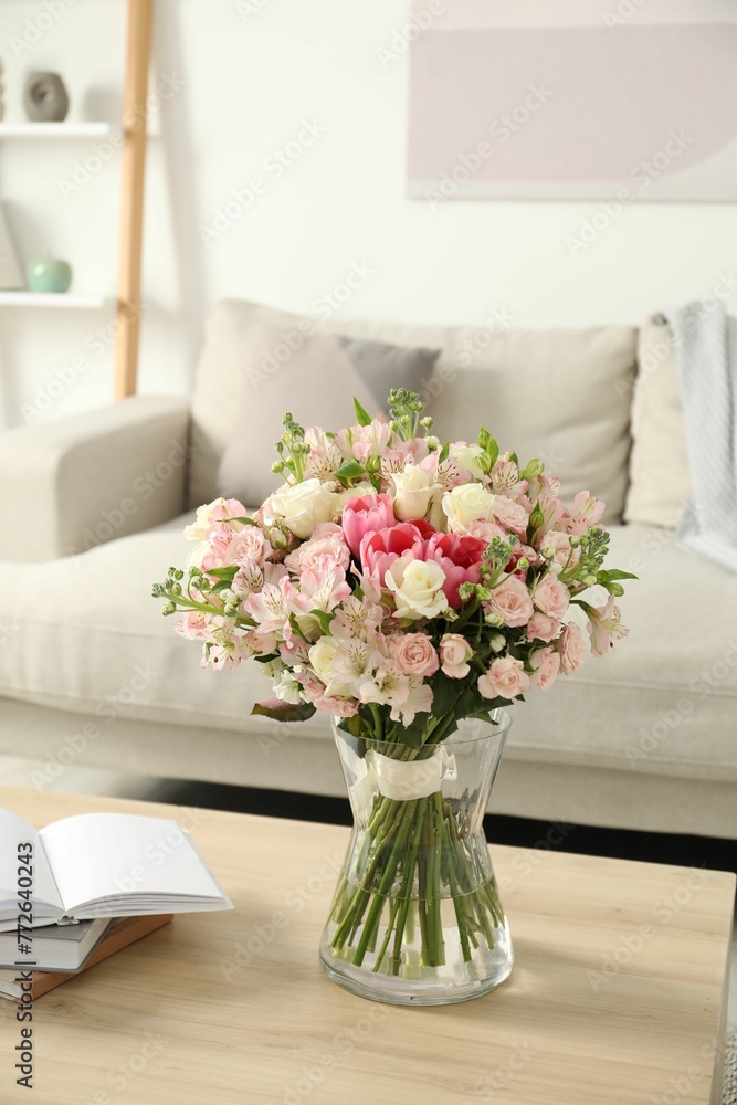 Beautiful bouquet of fresh flowers in vase on wooden table indoors - obrazy, fototapety, plakaty 