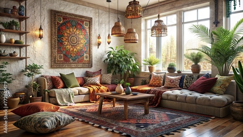 Bohemian boho style lounge room with a eclectic design aesthetic photo