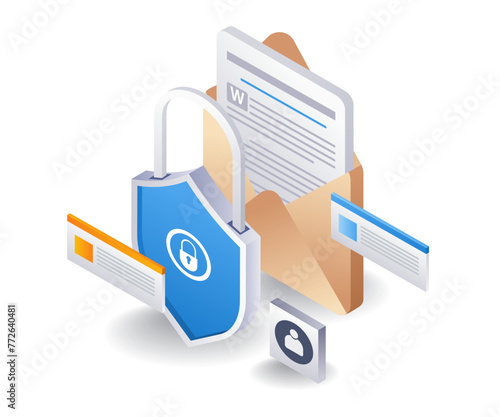 Email data security padlock, flat isometric 3d illustration