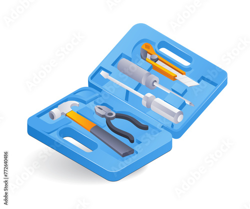 Electrical repair carpentry tool box flat isometric 3d illustration