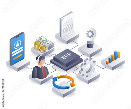ERP business company management, flat isometric 3d illustration