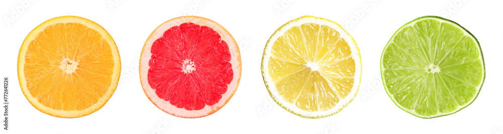 Citrus fruits. Cut fresh lemon, grapefruit, lime and orange isolated on white, set Citrus fruits. Cut fresh lemon, grapefruit, lime and orange isolated on white, set