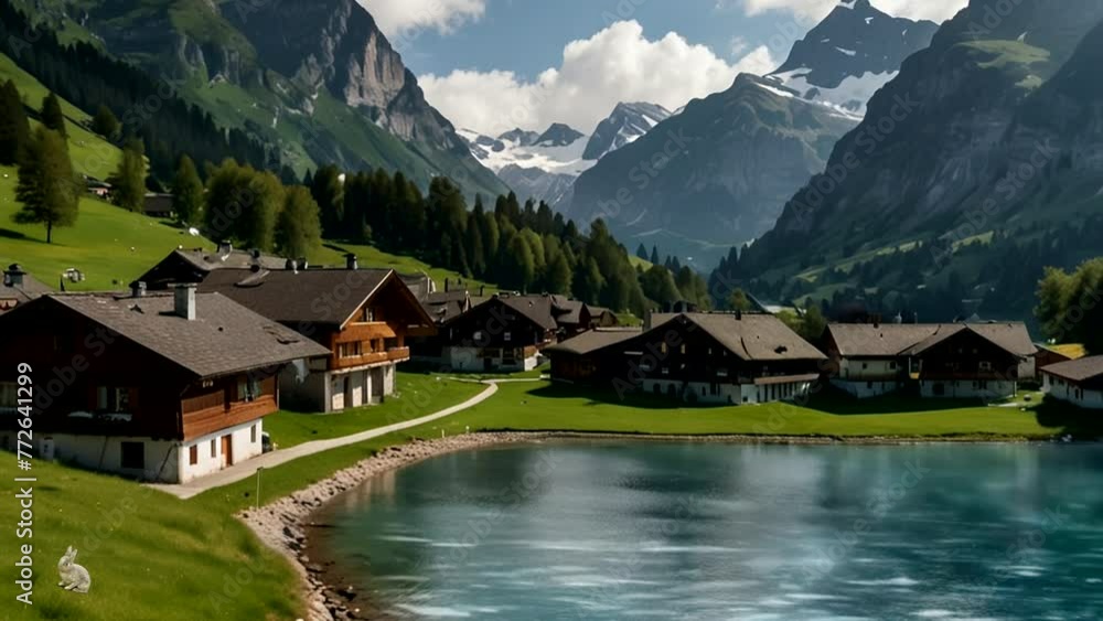 a beautiful view of the lake and the hills and houses, in the morningSeamless looping 4k time-lapse animation video background a beautiful view of the lake and the hills and houses, in the morningSeamless looping 4k time-lapse animation video background