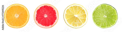 Citrus fruits. Cut fresh lemon, grapefruit, lime and orange isolated on white, set