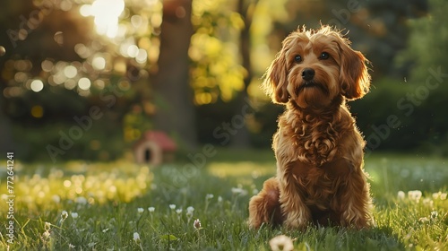 Beautiful young red-haired fluffy dog on a green lawn with flowers in the summer or in the spring with a beautiful blurred background. Intelligent gaze on the background of the park and doghouse.