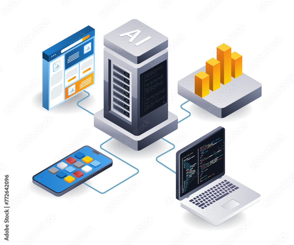 Cloud server web application developer, flat isometric 3d illustration Cloud server web application developer, flat isometric 3d illustration