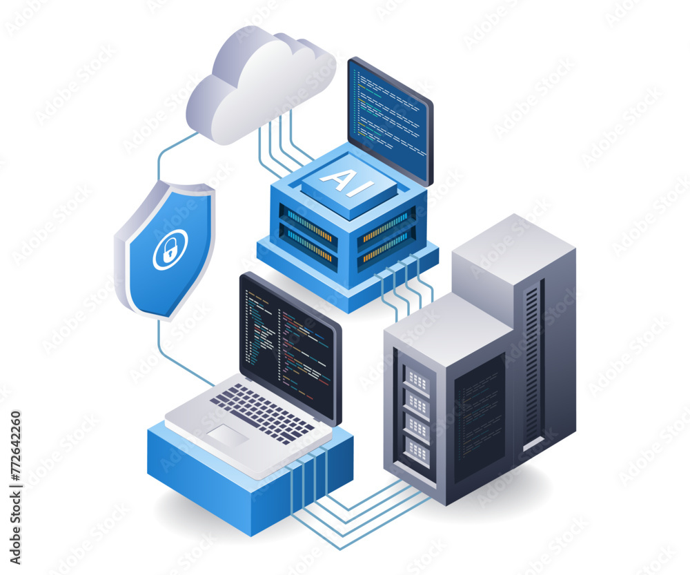 Computer technology cloud server artificial intelligence data concept, flat isometric 3d illustration