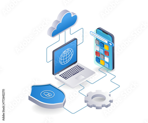 Computer security data cloud server smartphone application, flat isometric 3d illustration