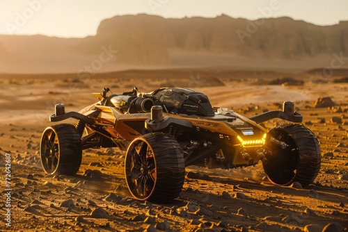 Off Road Adventure High Speed Dune Buggy Racing Through a Desert Landscape at Sunset with Dust Trail