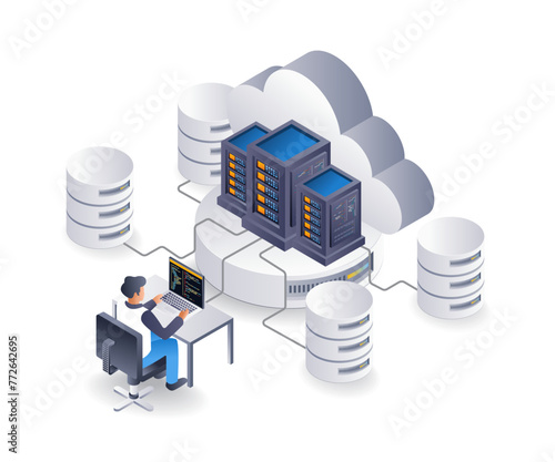 Business cloud server management operator, flat isometric 3d illustration