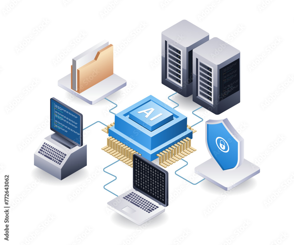 Artificial intelligence technology controls cloud server security, flat isometric 3d illustration Artificial intelligence technology controls cloud server security, flat isometric 3d illustration