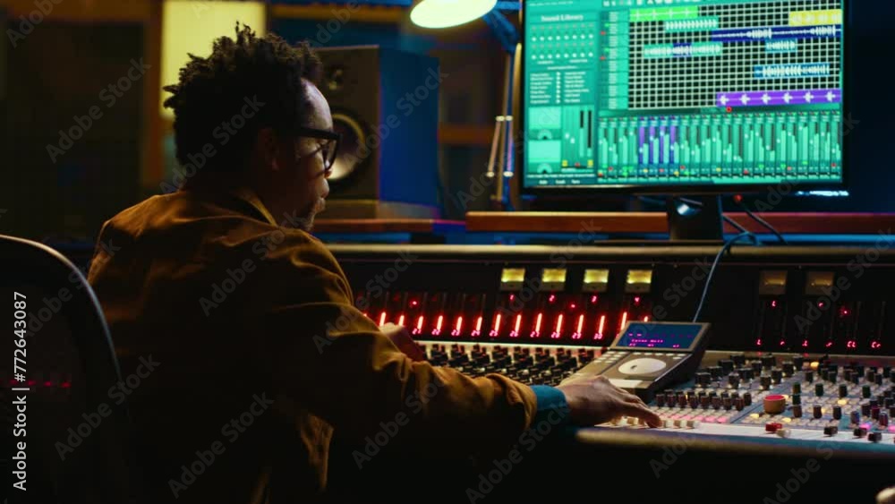 African american sound expert operates on audio console with moving faders and colored meters, editing in professional studio control room. Producer works on album, recording hit song. Camera A. African american sound expert operates on audio console with moving faders and colored meters, editing in professional studio control room. Producer works on album, recording hit song. Camera A.