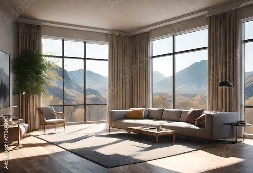 Serene living area overlooking picturesque mountain landscape, Relaxing room with stunning views of majestic mountains, Cozy living room with panoramic mountain views through large windows. © Johnny Sins