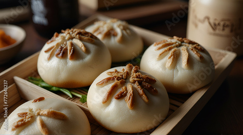 Steamed bao buns in bamboo steamers isolated.generative.ai