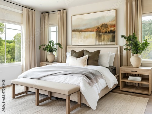 Modern Farmhouse Bedroom with Large Painting Above Bed