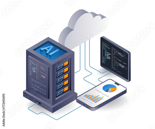 Artificial intelligence cloud server programmer, flat isometric 3d illustration