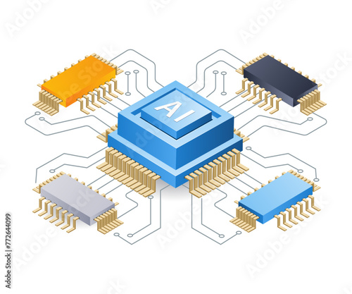 Artificial intelligence powered chip technology, flat isometric 3d illustration