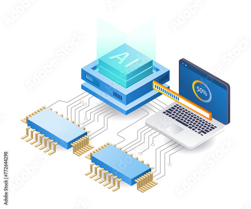 Artificial intelligence data analysis speed, flat isometric 3d illustration