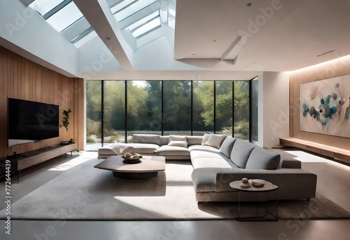 Interior with abundant sunlight and stylish décor, Serene modern space with floor-to-ceiling windows, Sunlight flooding into modern living room with skylights.
