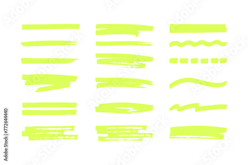 Marker highlighters collection. Brush lines isolated on white background. Hand drawn underline design elements set.
