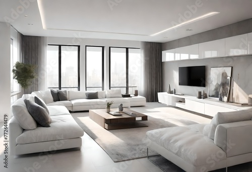 Contemporary home interior with white décor and a flat screen TV as focal point, Clean and bright living room setup with white furnishings and a modern TV, Sleek modern living room. © Johnny Sins
