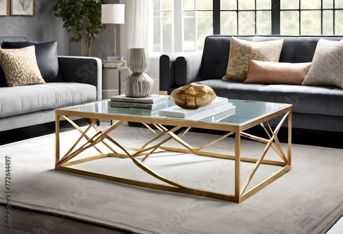 Chic gold and glass table in a tastefully decorated room, Luxurious glass-topped coffee table in sophisticated lounge, Stylish centerpiece with gold accents in contemporary home.