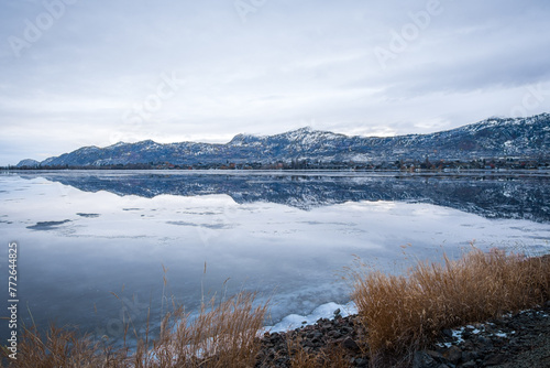 Perfect reflection on still water, Osoyoos Lake, BC. Winter 2024