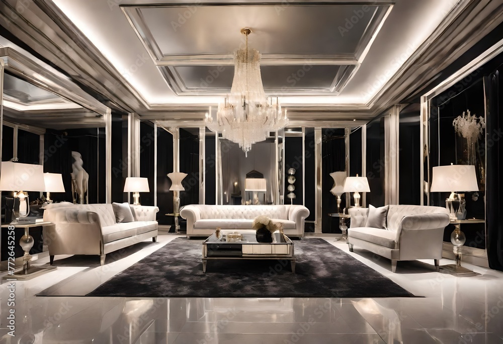 Sophisticated black and white lounge with elegant lighting fixture, Stylish monochrome living ...