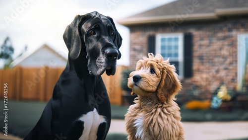 Goldendoodle Puppy looking up at his Great Dane Friend