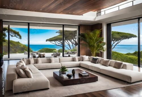 Relaxing living room with ocean backdrop, Room with a view: peaceful ocean scenery, Serene ocean view from a cozy living room.