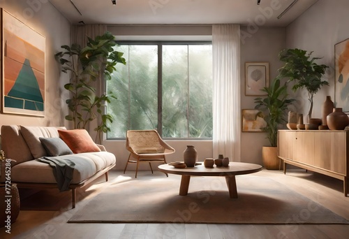 A plant lover's dream space with various green plants and a central coffee table, A botanical oasis in a living room featuring numerous plants and a sleek coffee table.