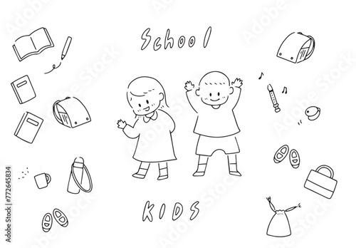 子どもと学用品の線画セット