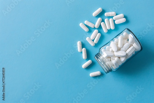 Capsules medicines in a glass bottle on a blue background