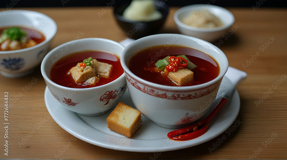 Spicy duck blood jelly soup and stinky tofu with scallion and chili pepper topping.generative.ai Spicy duck blood jelly soup and stinky tofu with scallion and chili pepper topping.generative.ai