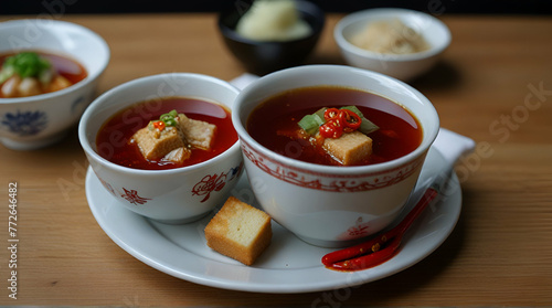 Spicy duck blood jelly soup and stinky tofu with scallion and chili pepper topping.generative.ai
