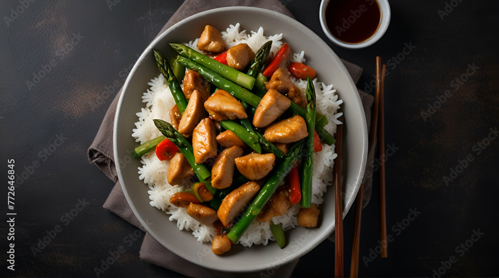 Stir fry with chicken and asparagus. Chicken stirfry. Chinese food.generative.ai Stir fry with chicken and asparagus. Chicken stirfry. Chinese food.generative.ai