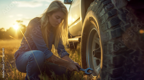A concentrated blonde woman in casual attire repairs her pickup truck by the roadside, bathed in the warm glow of the late afternoon sun. photo